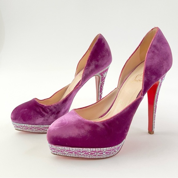 CHRISTIAN LOUBOUTIN || Purple Velvet Crystal Detail 140 Eugenie Dorsay Pump 8.5 - Picture 2 of 14